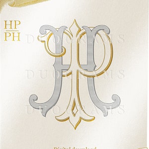 Könnte beinhalten: Ein digitaler Download eines Monogramms mit den Buchstaben "HP" in einer silbernen und goldenen Schriftart. Die Buchstaben sind ineinander verschlungen und haben unten eine dekorative Verzierung. Das Design ist auf einem weißen Hintergrund mit einem goldenen Scrollrand.