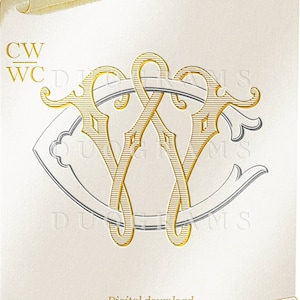 May include: A gold monogram with the letters "CW" intertwined in a decorative design. The monogram is set against a white background with a gold scroll border. The text "Digital download DUOGRAMS" is at the bottom of the image.