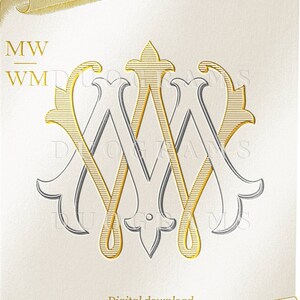 Könnte beinhalten: Ein goldenes und silbernes Monogramm mit den Buchstaben "MW" und "WM", die ineinander verschlungen sind. Das Monogramm befindet sich auf einem weißen Hintergrund mit einem goldenen Schriftrollenmuster.