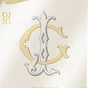 May include: A gold and silver monogram with the letters "GJ" and "JG" intertwined. The monogram is on a white background with a gold scroll design around the edges. The text "DUOGRAMS" appears three times on the image.