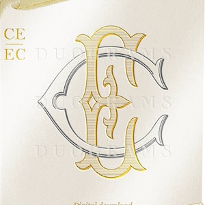May include: A gold and silver monogram with the letters "CE" intertwined. The letters are in a decorative font and are surrounded by a scroll design. The text "DUOGRAMS" appears below the monogram.
