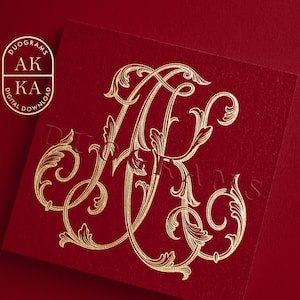May include: Gold monogram of the letters "AK" in a decorative, ornate, and stylized font. The letters are intertwined and surrounded by intricate flourishes. The monogram is on a red background.