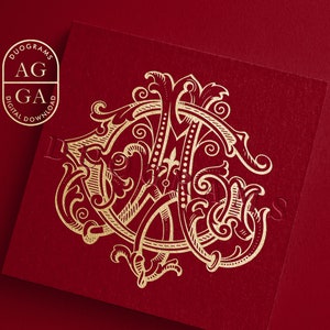 May include: A gold monogram featuring the letters "GA" in an elaborate, decorative font. The letters are interwoven and encircled by intricate flourishes. The monogram is set against a red backdrop.