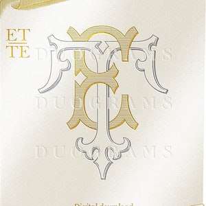 May include: A gold and silver monogram featuring the letters "ET" in a decorative font. The letters are enclosed within a decorative border. The text "DUOGRAMS" appears three times below the monogram. The text "Digital download" appears below the monogram.