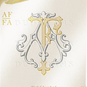 Puede incluir: Un monograma dorado y plateado con las letras "AF" entrelazadas. Las letras están en una fuente decorativa y adornada. El monograma está sobre un fondo blanco con un diseño de rollo dorado. El texto "Descarga digital DUOGRAMAS" está en la parte inferior de la imagen.