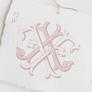 Könnte beinhalten: Ein rosafarbenes Monogramm mit den Buchstaben "FJ" ineinander verschlungen. Das Monogramm befindet sich auf einem weißen Hintergrund mit dem Text "DUOGRAMS" darunter.