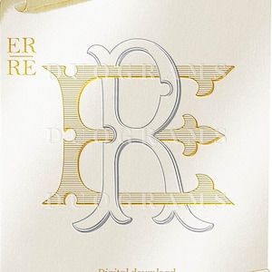 May include: A digital download featuring a stylized monogram design. The letter "R" is the focal point, rendered in a combination of gold and gray, with decorative flourishes. The text "ER RE" and "DUOGRAMS" are also visible.