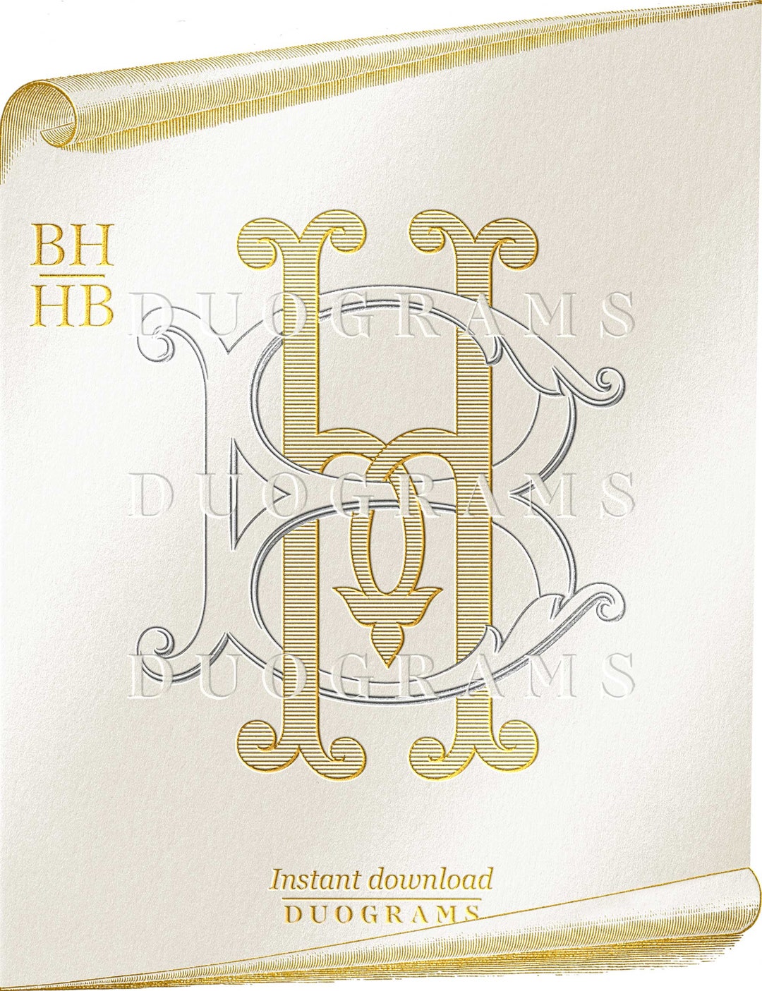Vintage Wedding Monogram Logo BH or HB Two Letter Monogram Design B H ...