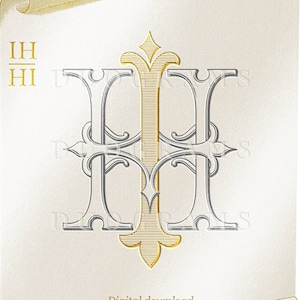 Puede incluir: Una descarga digital de un diseño de monograma con la letra "H" en un esquema de color dorado y plateado. El diseño está sobre un fondo de pergamino con el texto "IH HI" y "DUOGRAMS" visible.