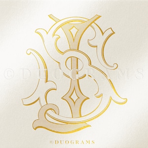 Puede incluir: Un monograma dorado con las letras "S" e "I" entrelazadas en un estilo decorativo y ornamentado. Las letras están estilizadas con florituras y detalles intrincados.