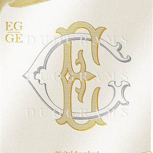 Puede incluir: Un monograma dorado y plateado con las letras "EG" en una fuente de letra decorativa. Las letras están rodeadas por un borde decorativo. La imagen está sobre un fondo blanco con un diseño de rollo dorado. El texto "Descarga digital DUOGRAMS" está en la parte inferior de la imagen.