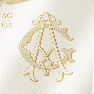 Pode incluir: Um monograma dourado com as letras "AG" entrelaçadas. As letras estão em um estilo vintage com um floreio decorativo. O monograma está em um fundo branco com um design de rolagem ao redor das bordas. O texto "Download digital DUOGRAMS" está na parte inferior da imagem.