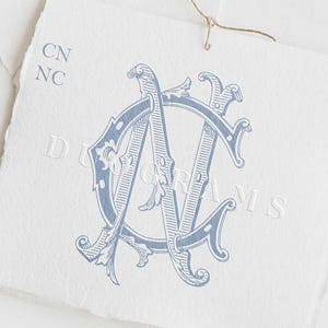 May include: A blue and white monogram with the letters "CN" intertwined. The monogram is surrounded by decorative flourishes and is set against a white background. The text "DUOGRAMS" is visible in the bottom right corner of the image.