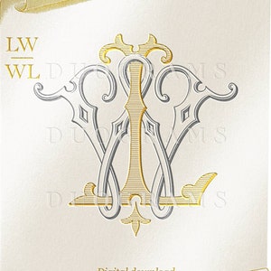Könnte beinhalten: Ein digitaler Download eines Monogramms mit den Buchstaben "LW" und "WL" in einem dekorativen, verschlungenen Stil. Die Buchstaben sind in Silber mit goldenen Akzenten gehalten. Das Design ist auf einem weißen Hintergrund mit einem goldenen Schriftrollenrand.
