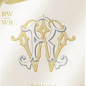 Könnte beinhalten: Ein goldenes und silbernes Monogramm mit den Buchstaben "RW" und "WR", die miteinander verschlungen sind. Das Monogramm befindet sich auf einem weißen Hintergrund mit einem goldenen Schriftrollenmuster an den Rändern. Der Text "Digitaler Download DUOGRAMS" befindet sich am unteren Rand des Bildes.