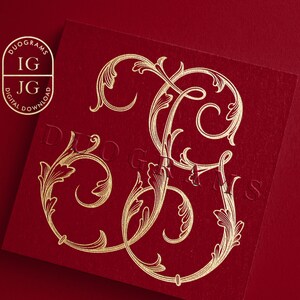 May include: Gold foil monogram on a red background. The monogram features ornate, intertwined letters with a decorative, floral design. The image includes the text "DUOGRAMS" and "DIGITAL DOWNLOAD".