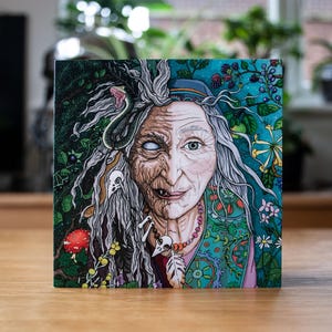 Baba Yaga Greetings Card 5.5x5.5&quot; / 140 x 140mm, Witch, Wise Woman, Folklore, Slavic, Menopause, Reclaiming the Feminine, Goddess