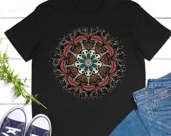 Mushroom Mandala T Shirt, Forager Gift, Fungi Fanatic, Woodland Trip, Autumn, Toadstool, Antlers, Death Head Moth, All seeing eye, Tee, top