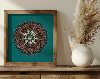 May include: A framed print of a teal blue mandala with a skull and crossbones design. The mandala is surrounded by a ring of red and white mushrooms. The print is framed in a rustic wooden frame.