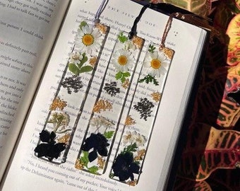 Black Accented (NEW) Handmade Pressed Unique Floral & Glitter Bookmarks (Made to Order) Encased in Resin