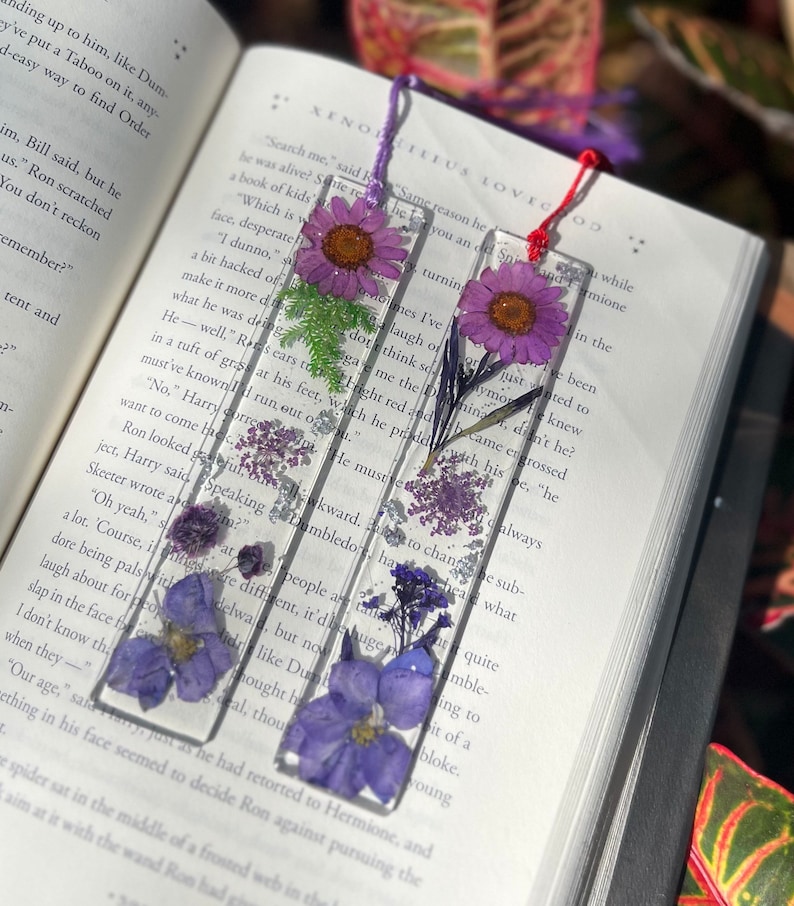 Handmade Pressed Unique Floral and Glitter Bookmarks Made to Order Encased in Resin Purple Floral