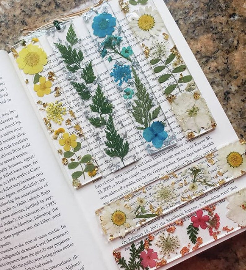 Handmade Pressed Unique Floral and Glitter Bookmarks Made to Order Encased in Resin image 1