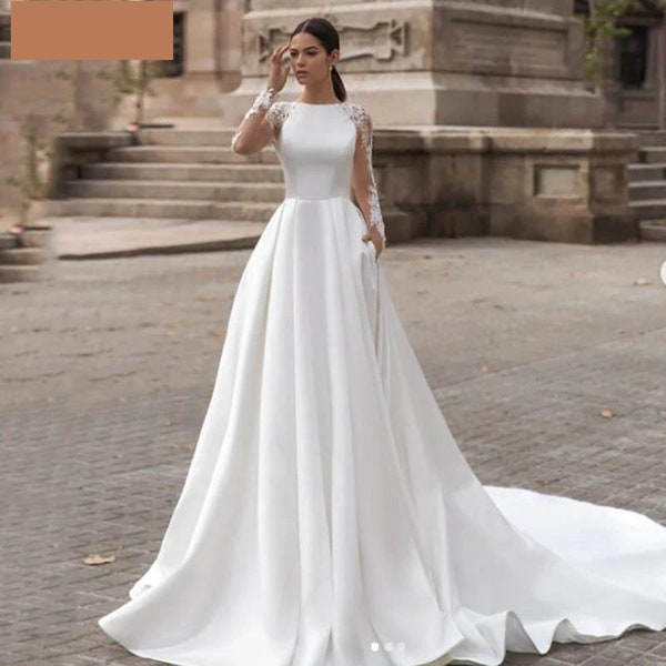Customized Wedding, Elegant Satin Wedding Dress, Long Sleeve Lace Bride Gown, Illusion Back Wedding Gown, Covered Back Vestido de novia