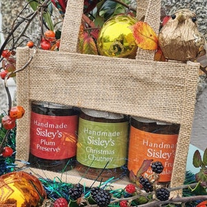 Three Jar Preserve Gift Set Jam Cornish Chutney Marmalade Hessian Bag Christmas Food Hamper Made in Cornwall Sisley's image 2