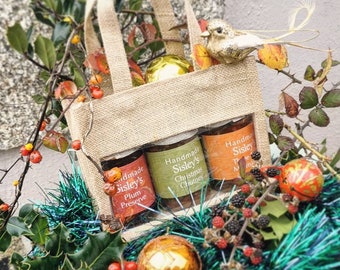 ANY 3 Jar Cornish Preserve Gift Set Jam Chutney Marmalade Hessian Bag Christmas Food Hamper Made in Cornwall Sisley's