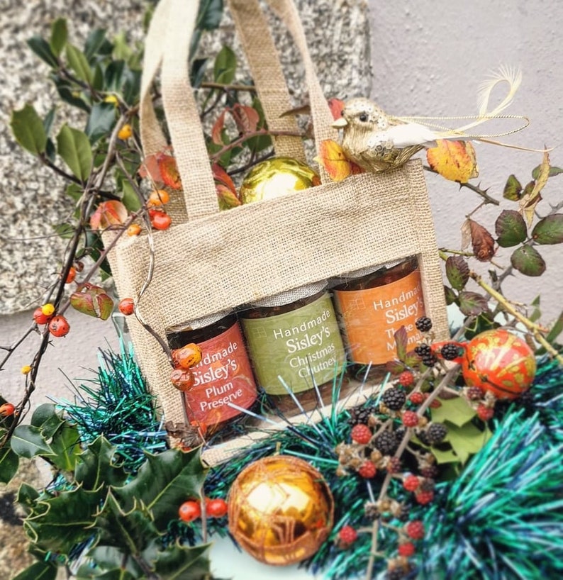 Three Jar Preserve Gift Set Jam Cornish Chutney Marmalade Hessian Bag Christmas Food Hamper Made in Cornwall Sisley's image 1