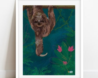 Sloth Wall Art: Botanical Illustration, Animal Sloth Printable Poster - DIGITAL DOWNLOAD