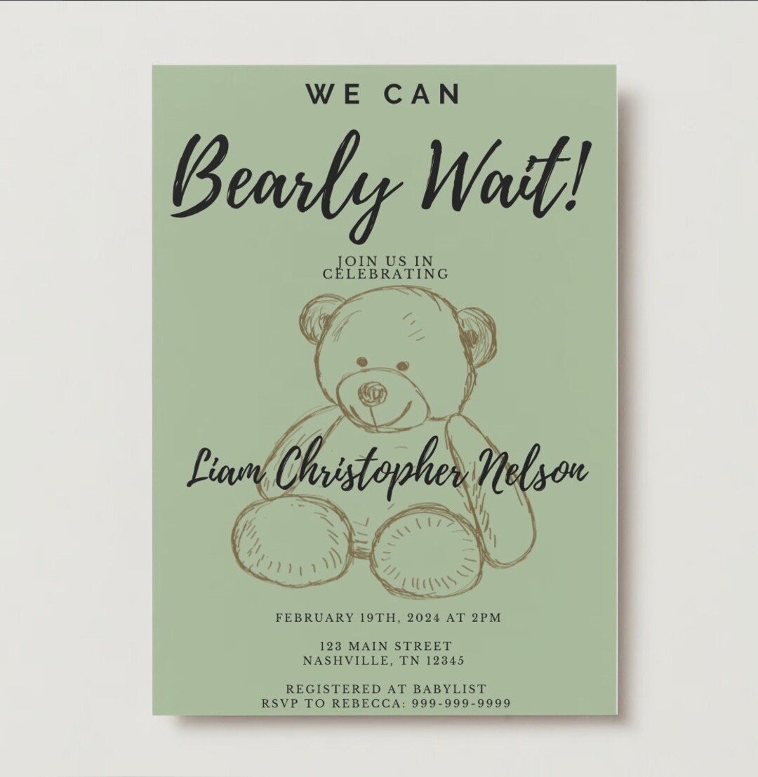 Green Teddy Bear We Can Bearly Wait Baby Shower Invitation - Etsy