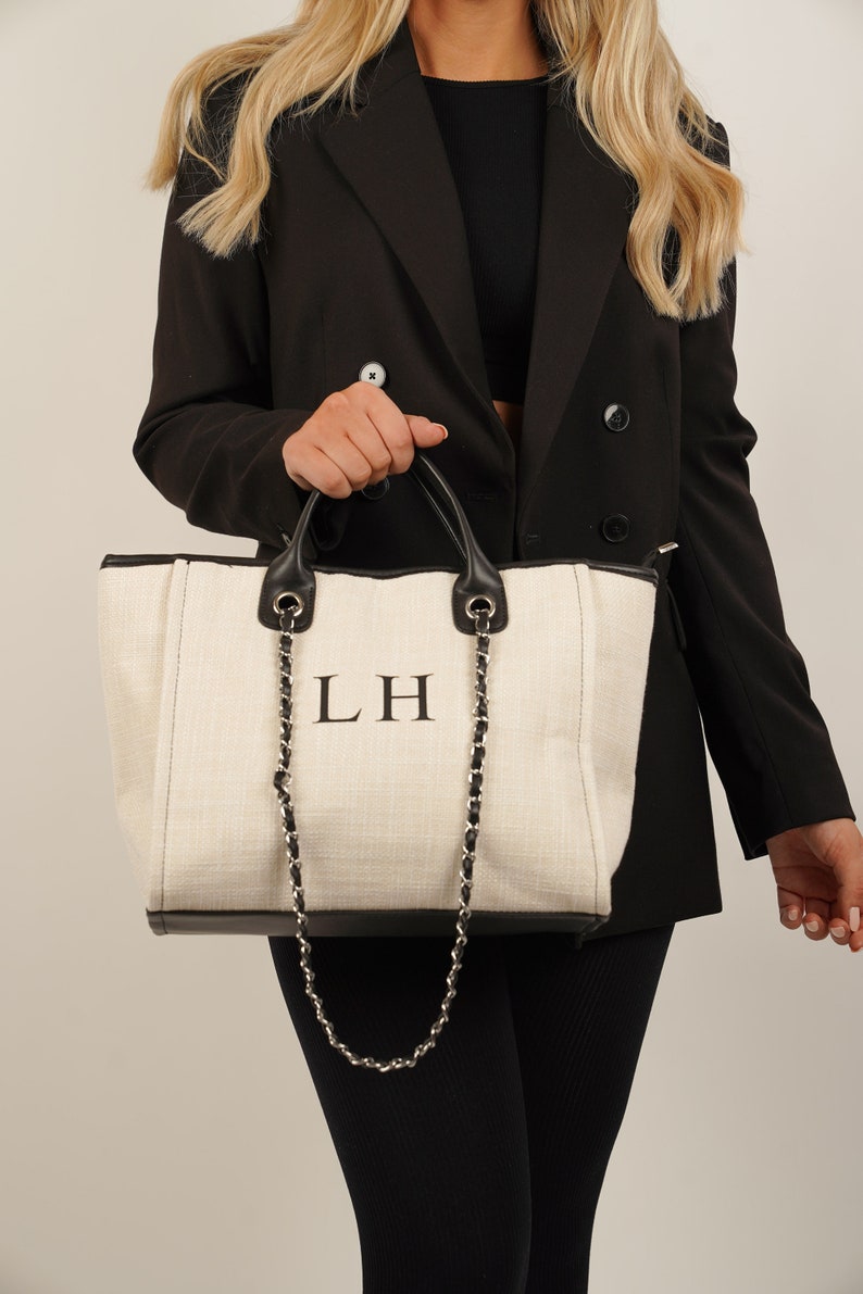 Personalised Monogram Canvas Cream and Black Tote Bag| Initial Bag | Handbag | Beach Bag | Bride Gift | Birthday Gift! Chain tote bag 