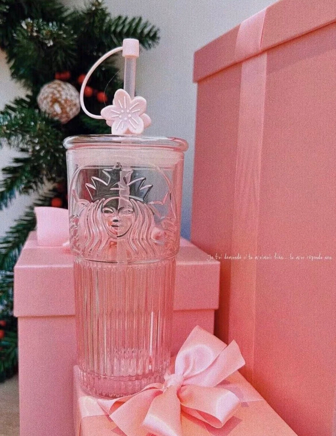 New Starbucks Pink Sakura Color-changing Glass Coffee Mug Cup with Flower  Stick