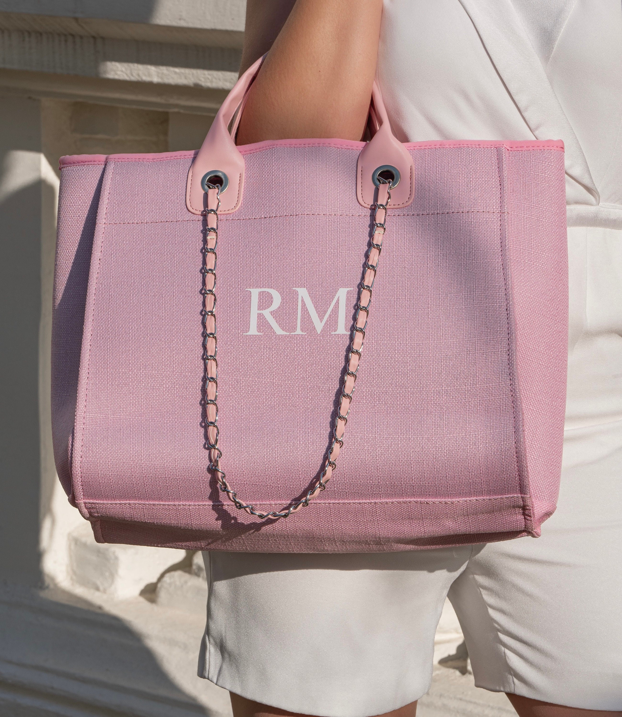 Personalised Baby Pink Monogram Canvas Tote Bag Initial Bag 