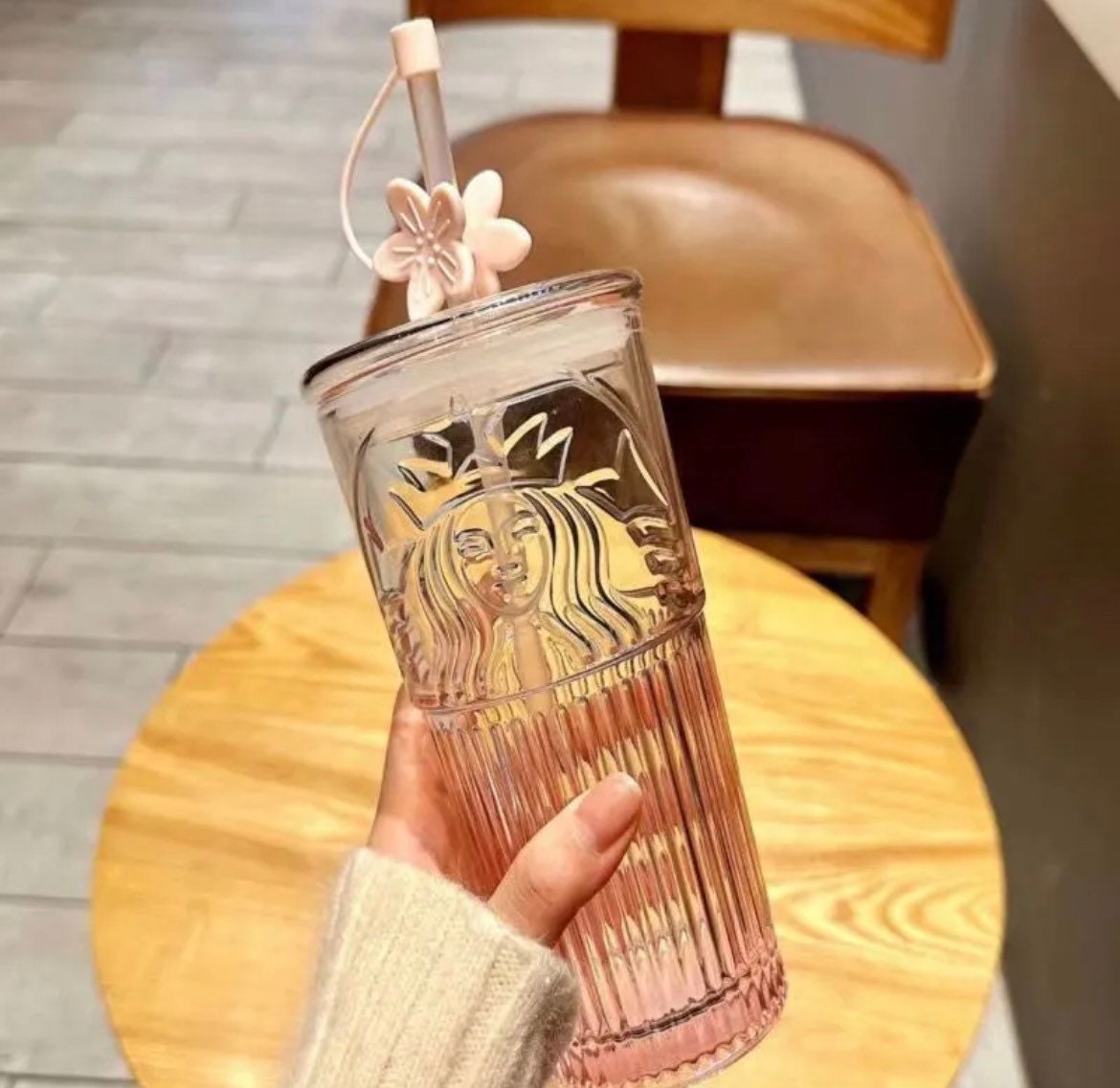 Starbucks Small Green Cup Straw Glass Milk Coffee Cup Tumbler Pink Sakura  375ml