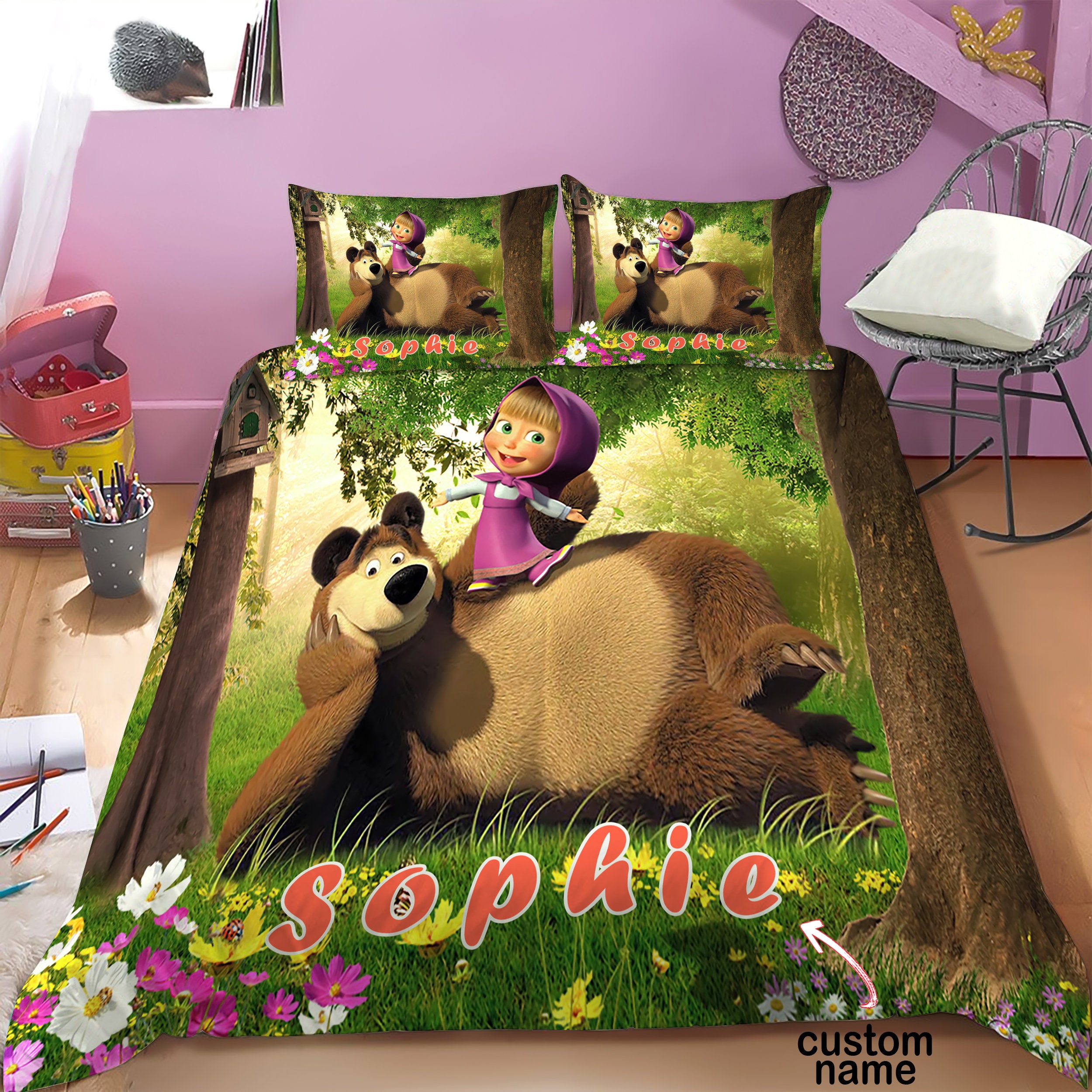 Masha and The Bear Bedding Set Lovely Masha Cartoon Movies Etsy