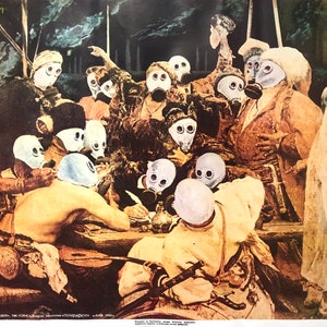 May include: A painting depicting a group of people wearing gas masks, with the text "зеленая сейм" at the top. The painting is a parody of a famous artwork, likely "The Night Watch" by Rembrandt.