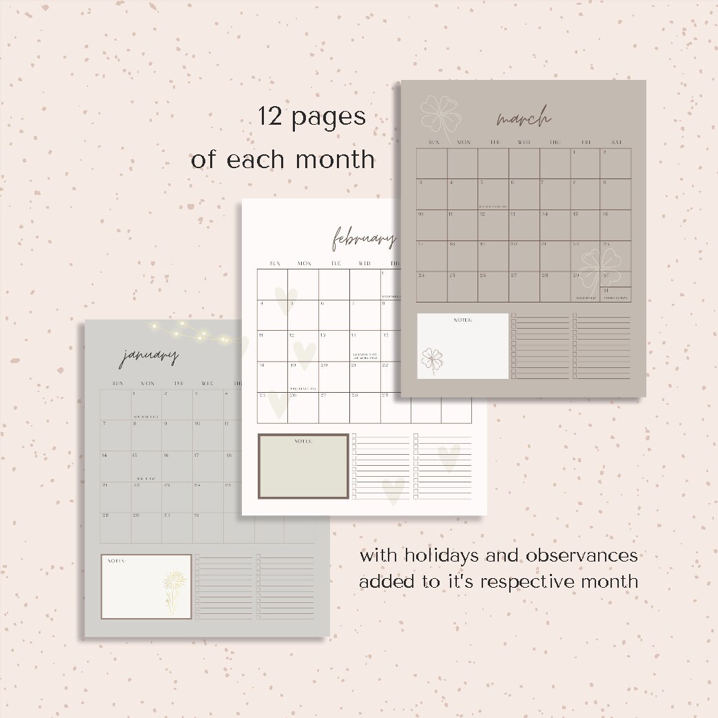 Aesthetic 2024 Calendar A4 and Letter Size Fill in 12 Month Calendar