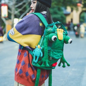 Frog doll backpack. Cute cartoon frog schoolbag. Large capacity travel bag. Green. Ideal gift image 8