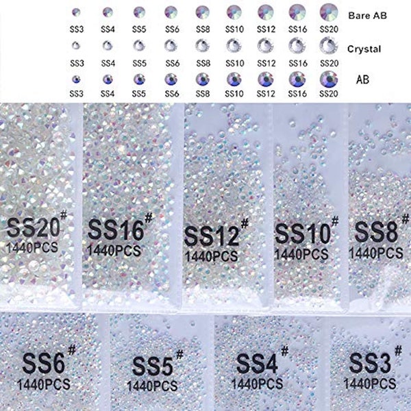 2880 Stück SS3 SS4 SS5 SS8 SS12 SS16 Nail Crystals Bare AB Nagel funkelnde runde Flatback Strasssteine, nicht selbstklebend Bab-S3/S4/S5/S8/S12/S16