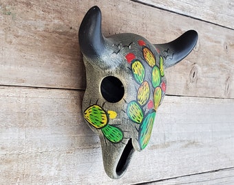 Cactus Hand Painted Bull Skull. Cactus Wall Art. Cactus Decor