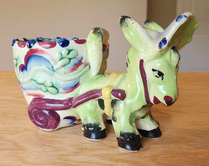 Vintage Ceramic Donkey Pulling Cart Planter Etsy