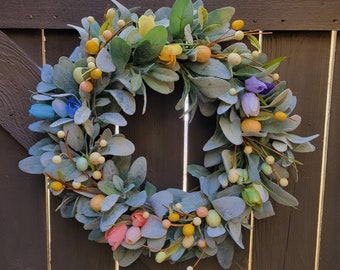 Lamb's Ear Easter Egg Wreath With Tulips; Easter Décor, Pastel Spring Wreath, Front Door Easter Wreath