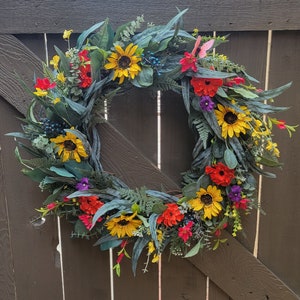 Eucalyptus, Wildflower Front Door Wreath; Large Spring Summer Eucalyptus, Sunflower Farmhouse Wreath