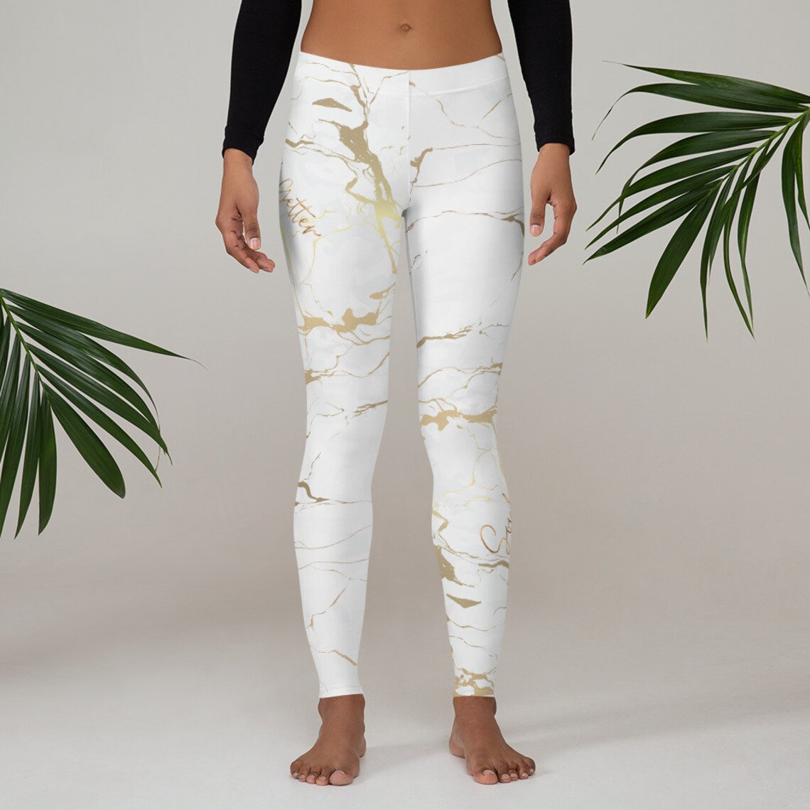 White Marble Allover Print Leggings Gold Marble Leggings White & Gold