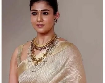 Nayanthara Inspired Banarasi Tissue Silk Saree with Golden Border | Wedding & Party Wear Loom Sari | Elegant Soft Silk Saree | NISA FABRICS