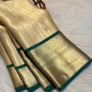 Golden Tissue Banarasi Saree with Green Border | Soft Bridal Silk Sari | Antique Zari Wedding Partywear | NISA FABRICS | Celebrity Style |