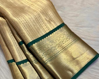 Golden Tissue Banarasi Saree with Green Border | Soft Bridal Silk Sari | Antique Zari Wedding Partywear | NISA FABRICS | Celebrity Style |