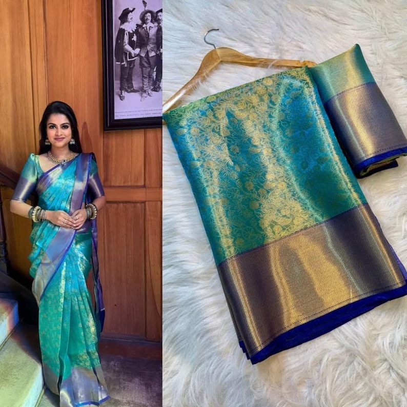 NISA FABRICS tissue silk saree in rich sea green with golden antique motifs – wedding wear